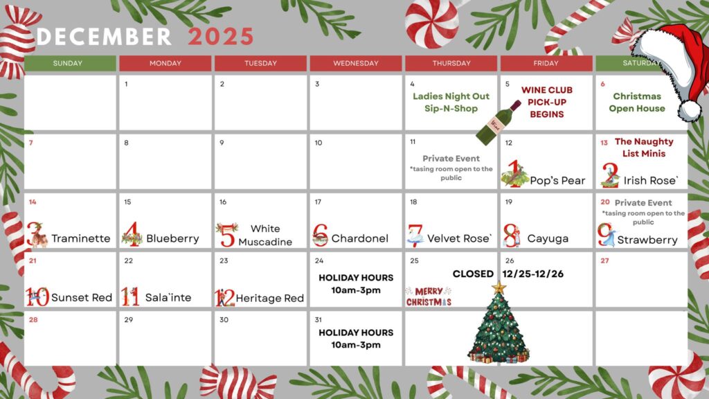 December Calendar 2025 Century Farm Winery
